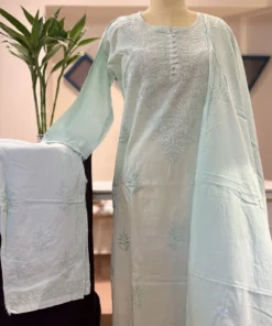 Mint Green Mul Cotton Chikankari 3-Piece Suit Set with Dupatta