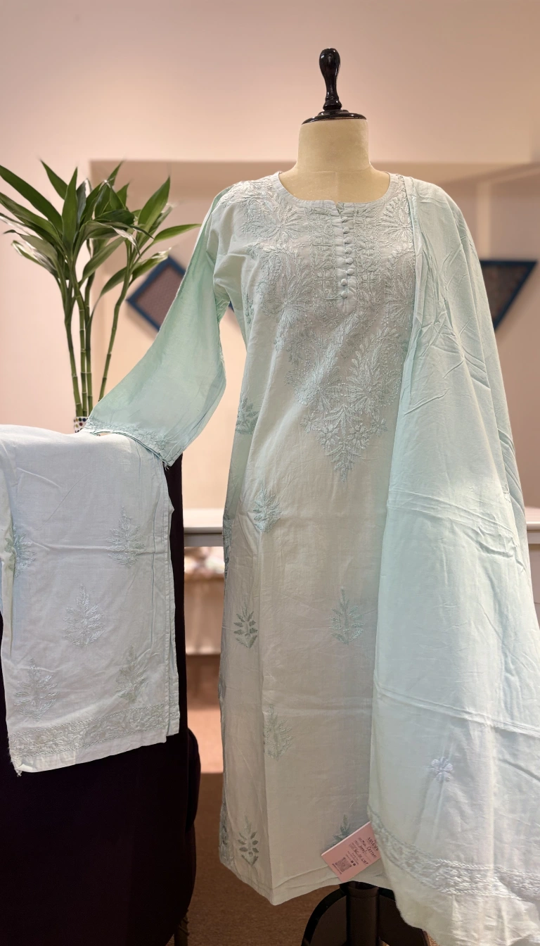 Mint Green Mul Cotton Chikankari 3-Piece Suit Set with Dupatta