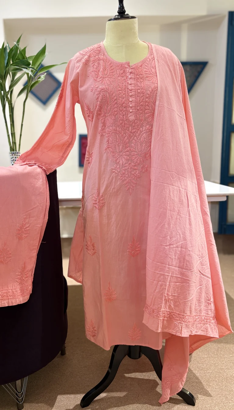 Blush Peach Handcrafted Chikankari Mul Cotton 3-Piece Suit Set