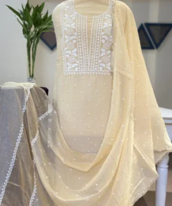 Buttercream Mul Chanderi Handcrafted Chikankari Suit