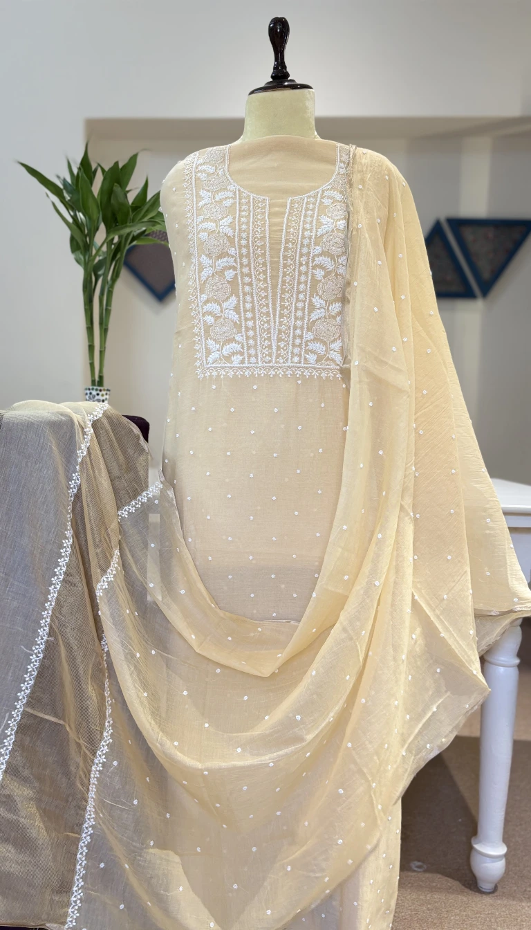 Buttercream Mul Chanderi Handcrafted Chikankari Suit
