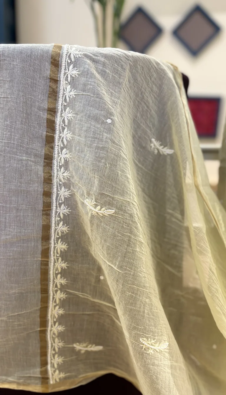 Alternative view of Ivory Lemon Mul Chanderi Handcrafted Chikankari Suit