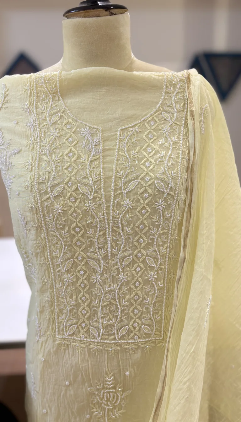 Ivory Lemon Mul Chanderi Handcrafted Chikankari Suit - Image 3