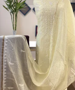 Ivory Lemon Mul Chanderi Handcrafted Chikankari Suit