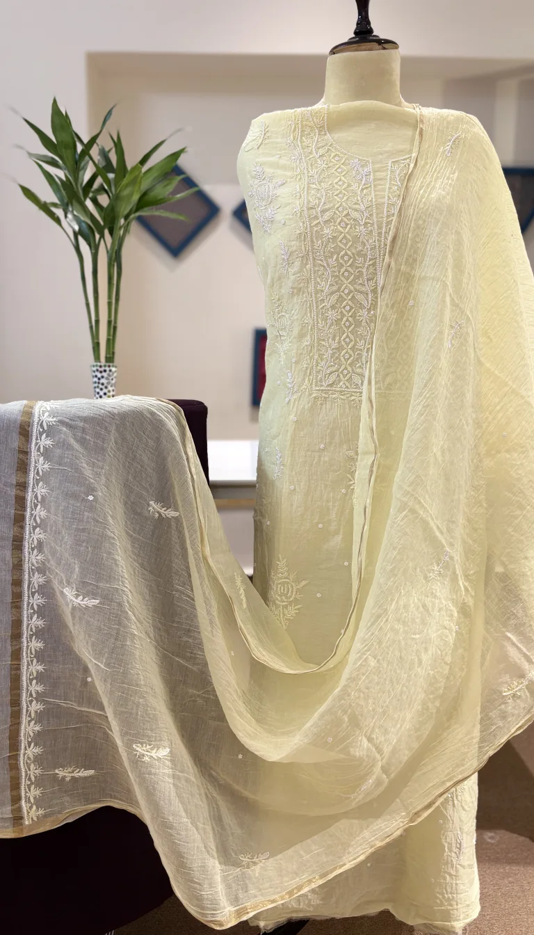 Ivory Lemon Mul Chanderi Handcrafted Chikankari Suit