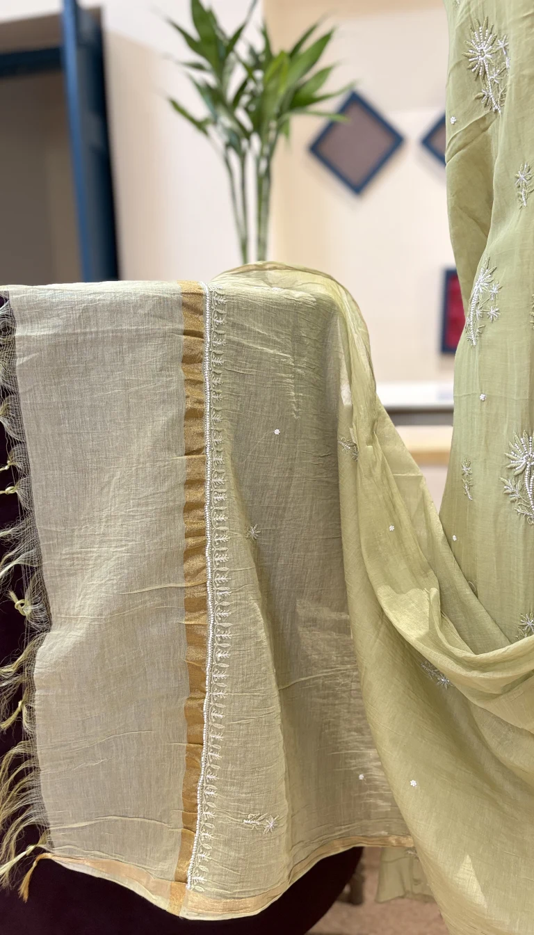 Alternative view of Sage Mul Chanderi Chikankari Suit with Pearl Work