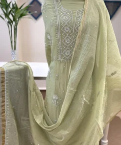 Sage Mul Chanderi Chikankari Suit with Pearl Work