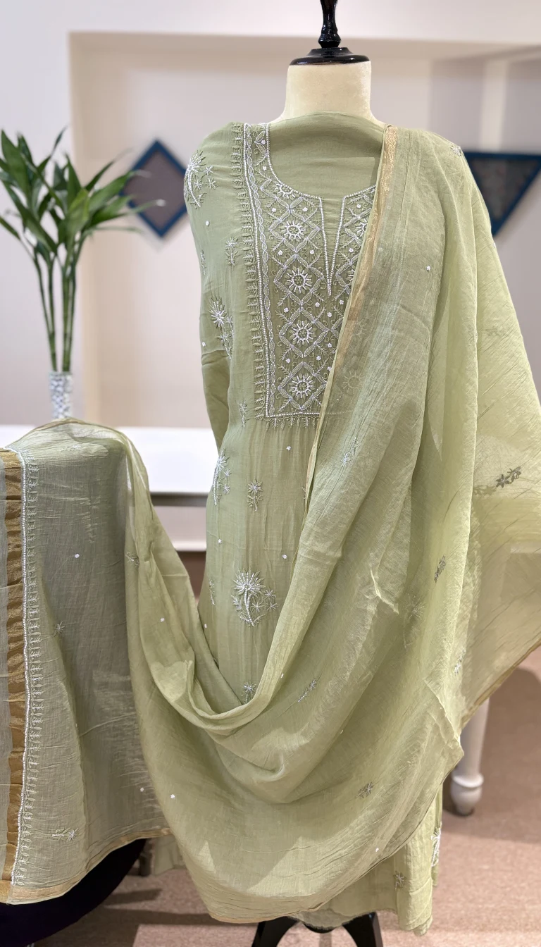 Sage Mul Chanderi Chikankari Suit with Pearl Work