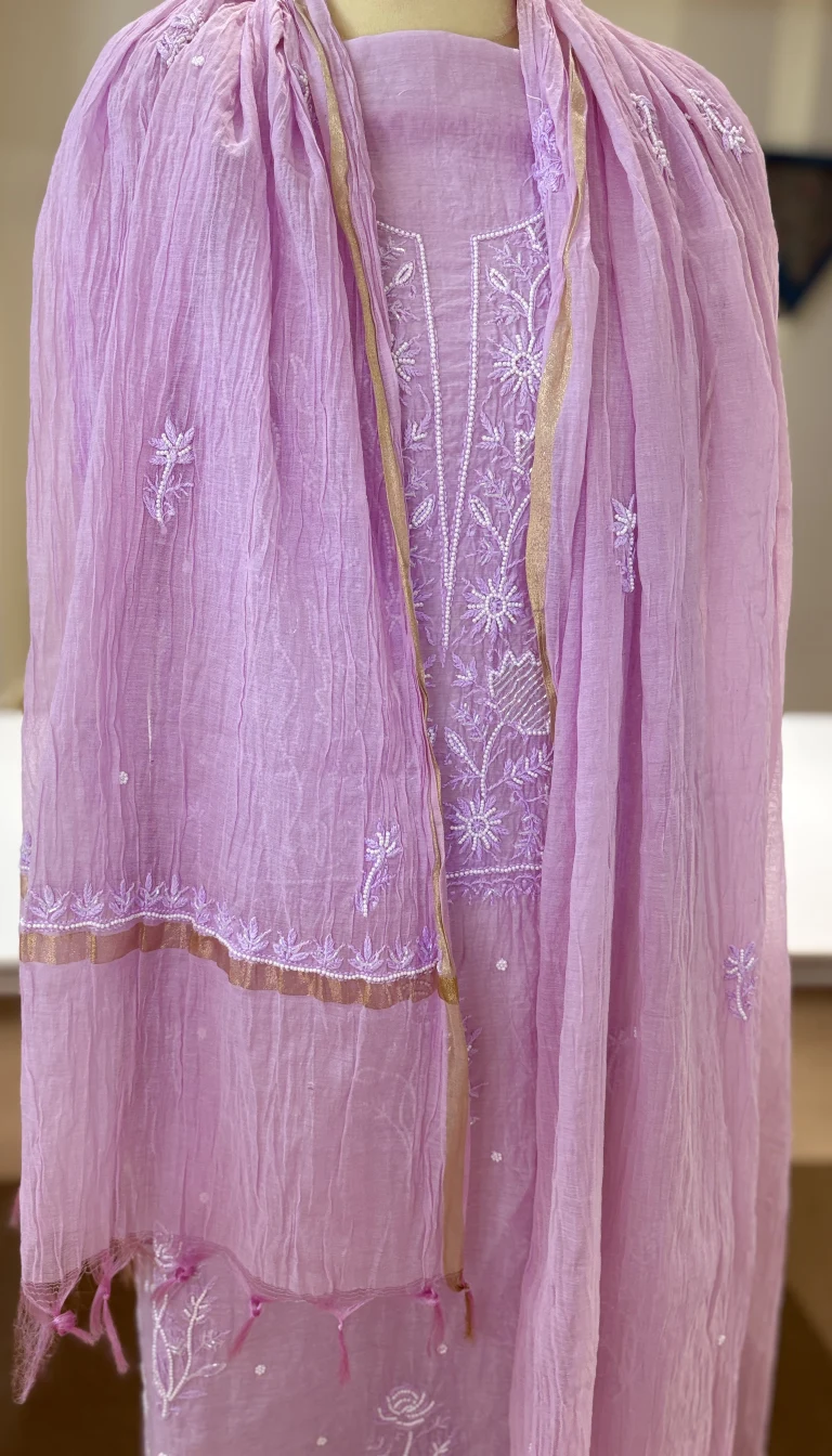 Alternative view of Lilac Mul Chanderi Chikankari Set