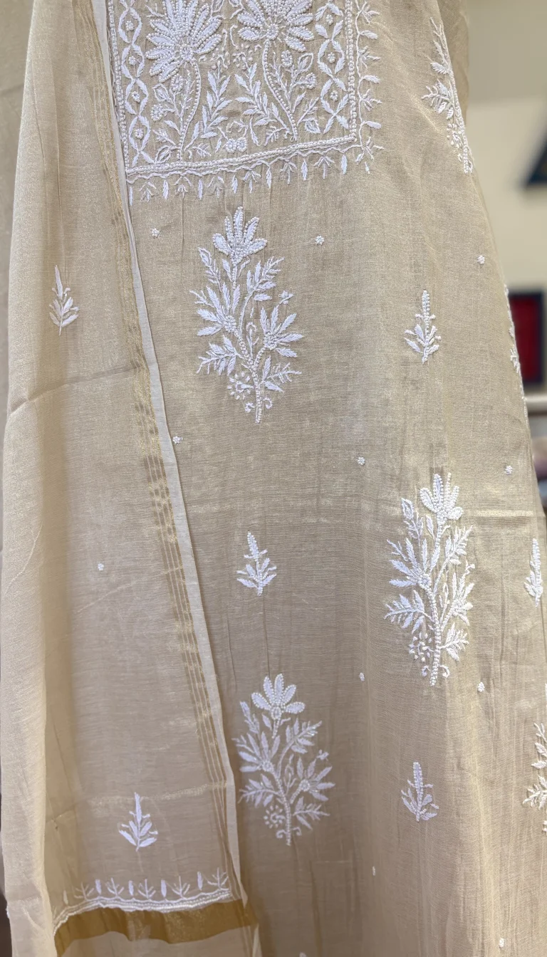 Alternative view of Champagne Tissue Handcrafted Chikankari Pearl Work Suit Set
