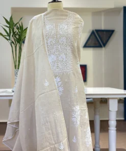 Champagne Tissue Handcrafted Chikankari Pearl Work Suit Set