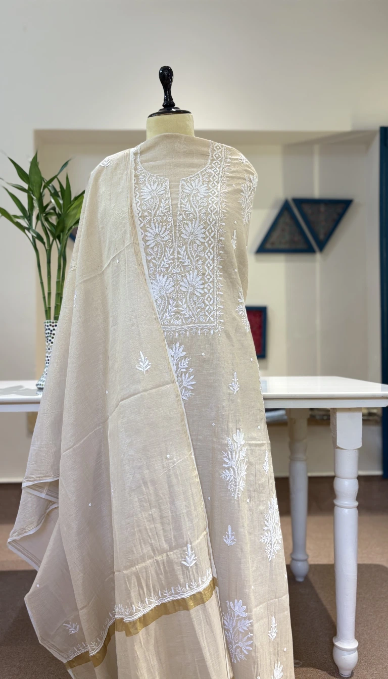 Champagne Tissue Handcrafted Chikankari Pearl Work Suit Set