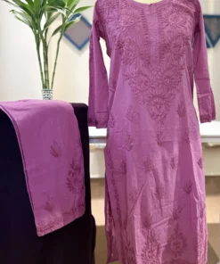 Dusty Rose Mul Cotton Chikankari Kurti Palazzo Set