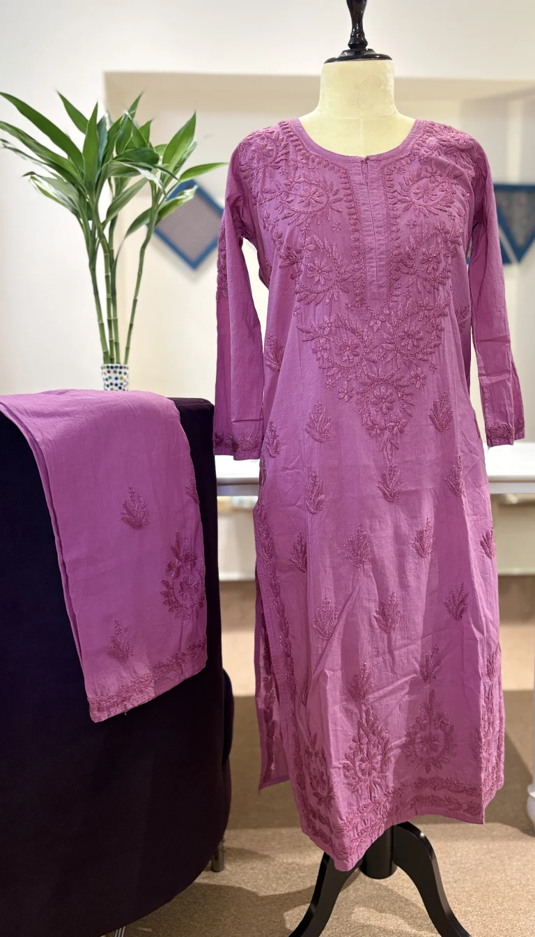 Dusty Rose Mul Cotton Chikankari Kurti Palazzo Set