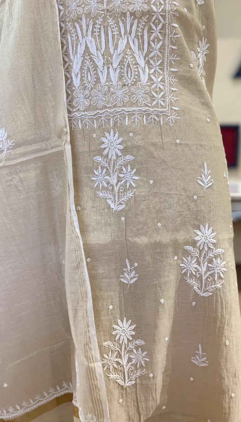 Alternative view of Champagne Pearl Chikankari Tissue Set