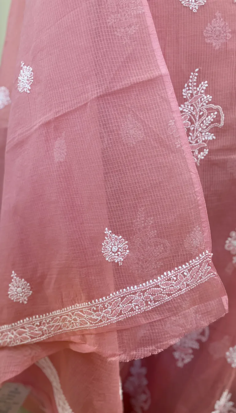 Alternative view of Rose Pink Handcrafted Chikankari Kota Doriya Unstitched Suit Set