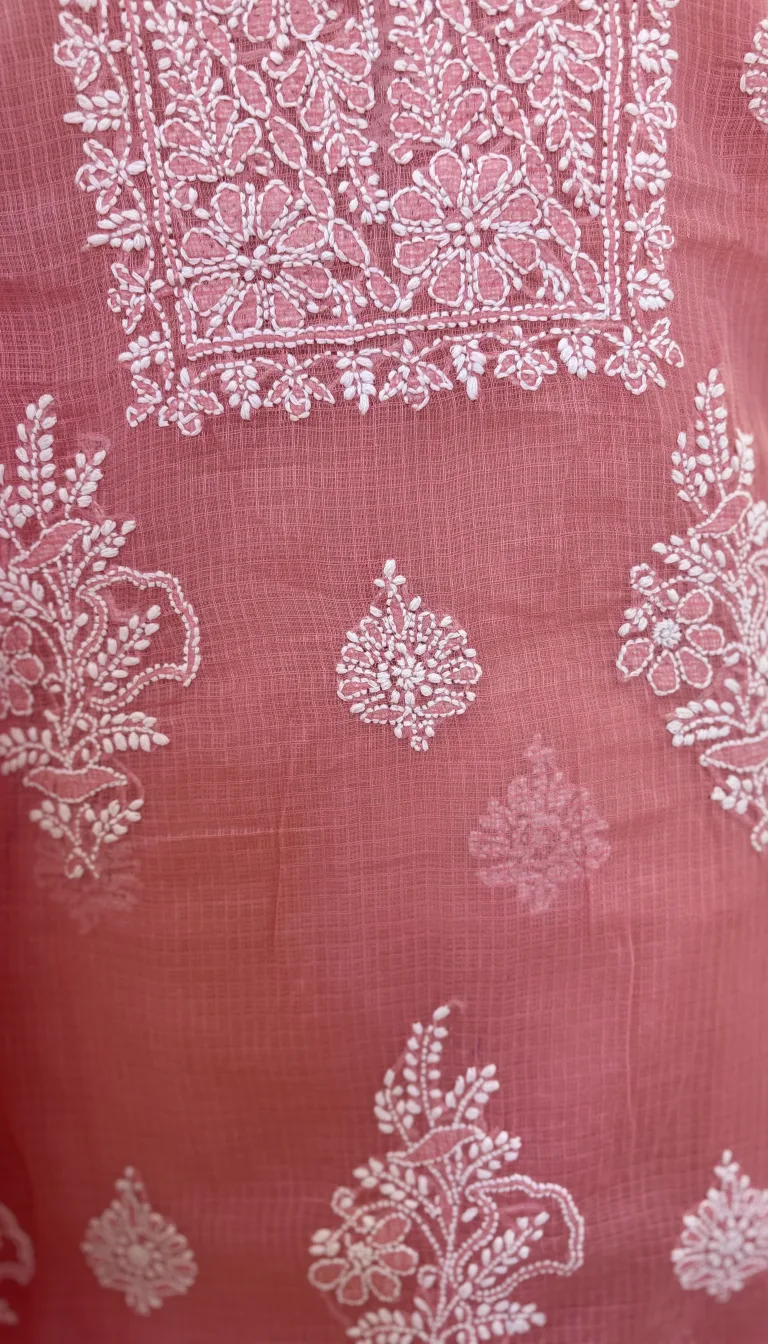 Rose Pink Handcrafted Chikankari Kota Doriya Unstitched Suit Set - Image 3