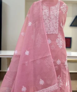 Rose Pink Handcrafted Chikankari Kota Doriya Unstitched Suit Set