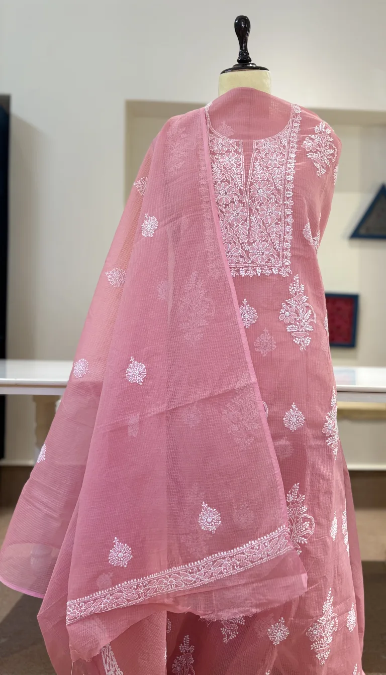 Rose Pink Handcrafted Chikankari Kota Doriya Unstitched Suit Set