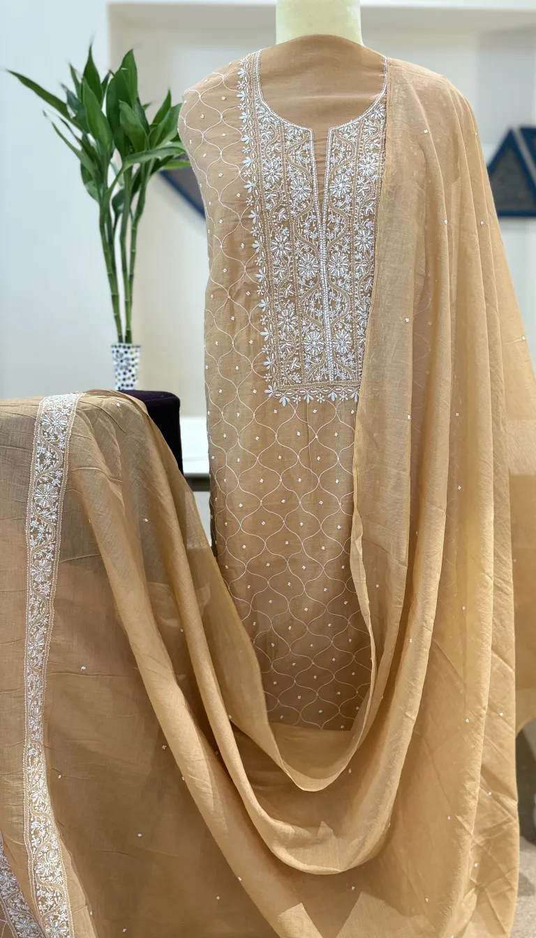 Chikankari Mul Chanderi Unstitched Suit Set
