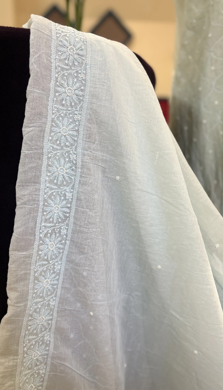 Alternative view of Pearl Chikankari Mul Chanderi Set