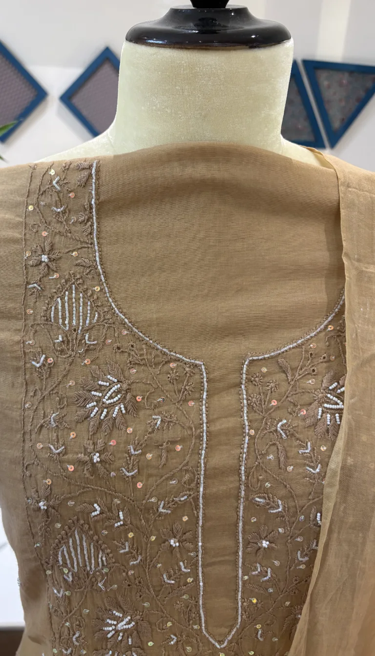 Sand Beige Pearl Sequin Chikankari Mul Chanderi Set - Image 3