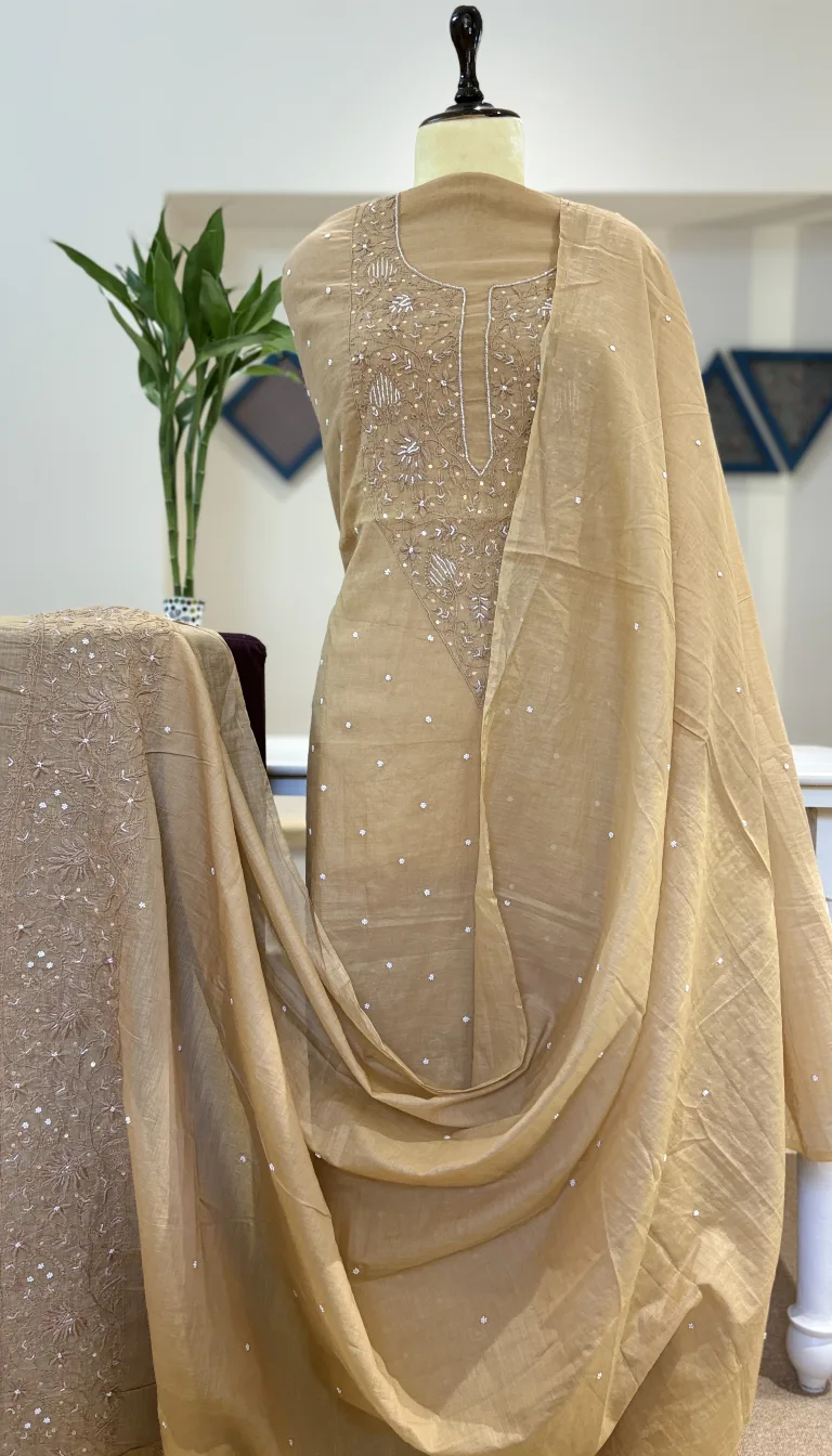 Sand Beige Pearl Sequin Chikankari Mul Chanderi Set