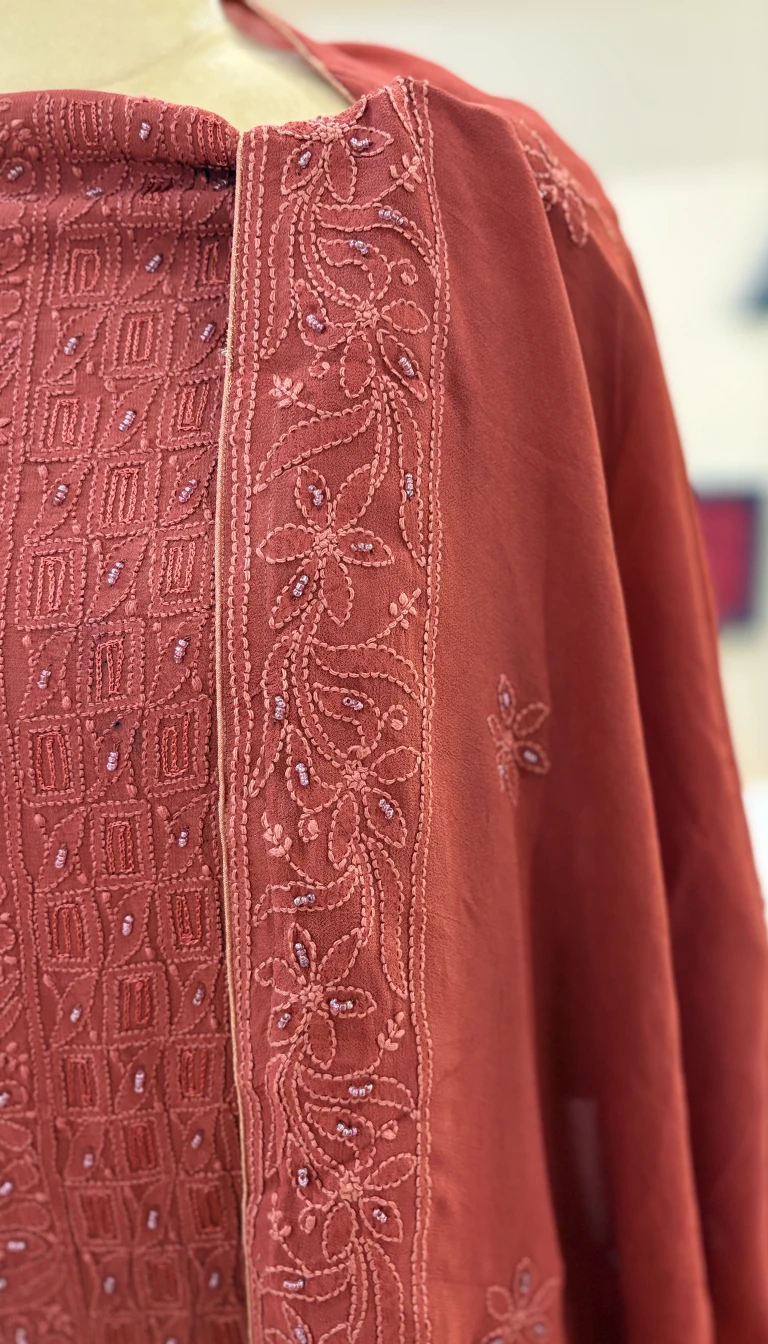 Alternative view of Rust Pearl Jaal Georgette Set