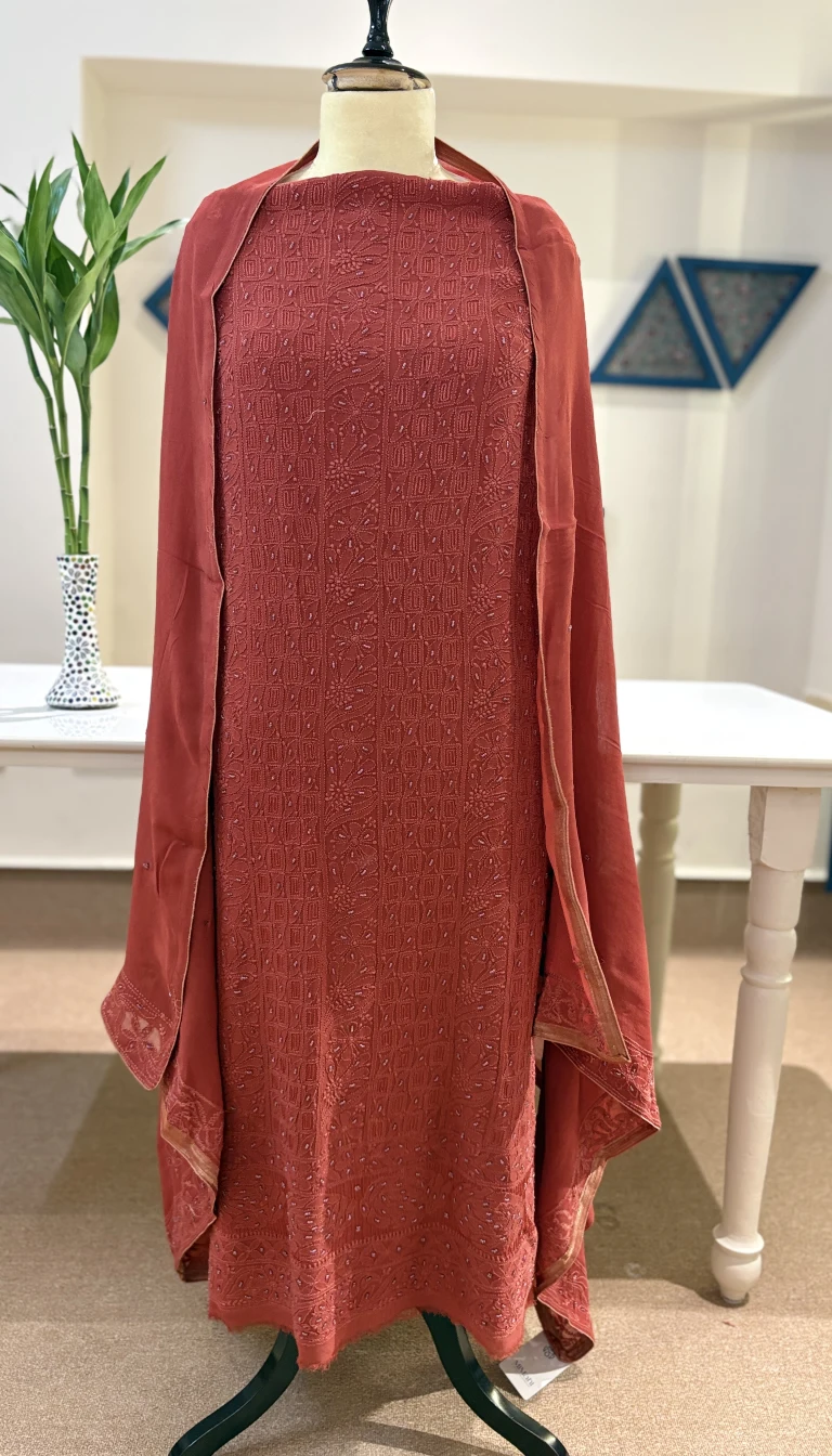 Rust Pearl Jaal Georgette Set