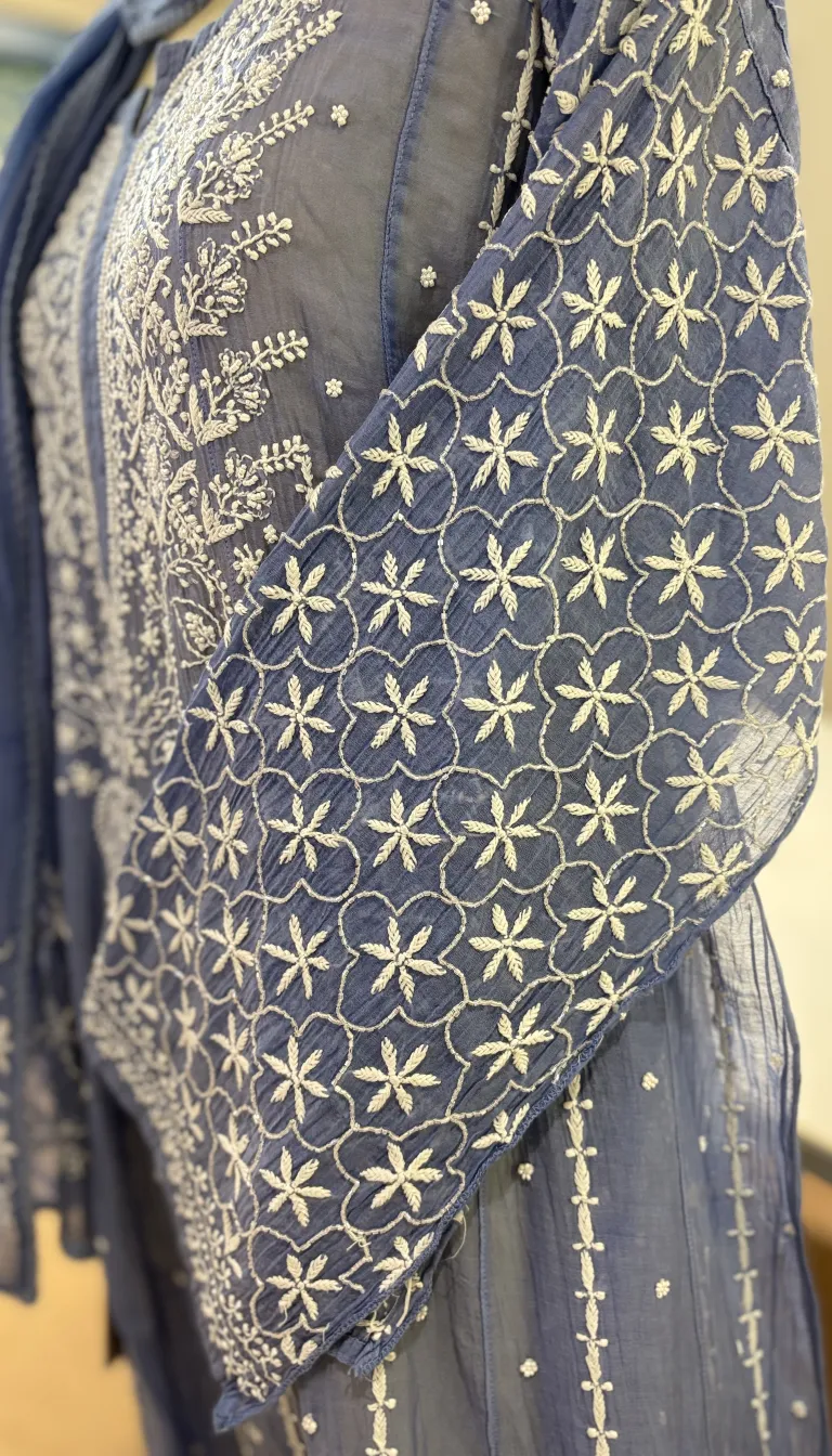 Alternative view of Blue Chikankari Anarkali Suit with Pearl Work