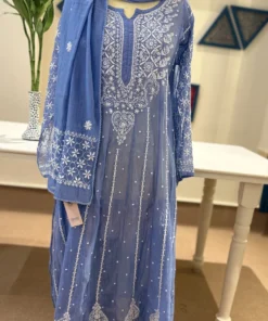 Blue Chikankari Anarkali Suit with Pearl Work
