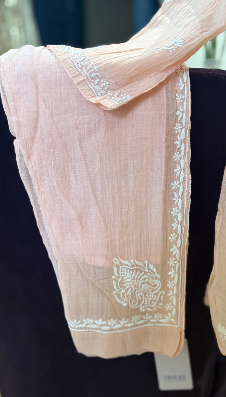 Alternative view of Pastel Peach Handcrafted Chikankari Linen Co-ord Set
