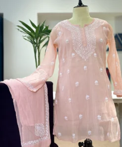 Pastel Peach Handcrafted Chikankari Linen Co-ord Set