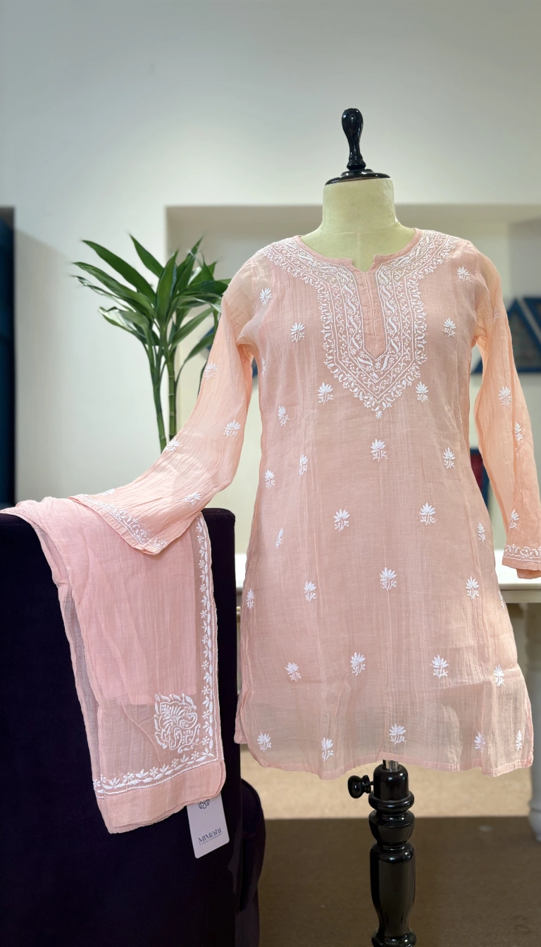 Pastel Peach Handcrafted Chikankari Linen Co-ord Set