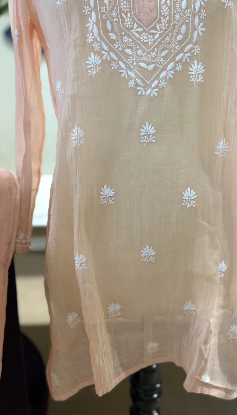 Alternative view of Pastel Peach Handcrafted Chikankari Linen Co-ord Set