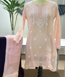 Pastel Peach Handcrafted Chikankari Linen Co-ord Set