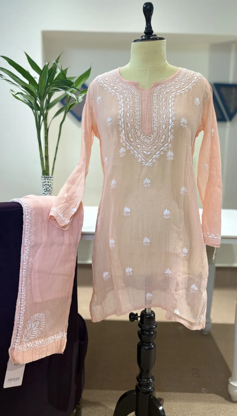 Pastel Peach Handcrafted Chikankari Linen Co-ord Set