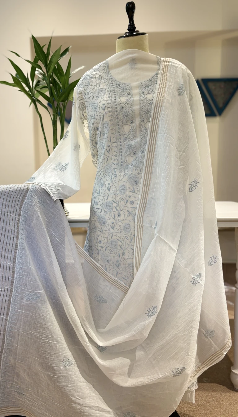 Powder Blue Jaal Chikankari Mul Chanderi Set