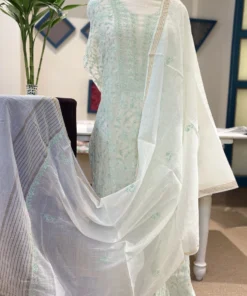 Mint Ivory Jaal Chikankari Mul Chanderi Set