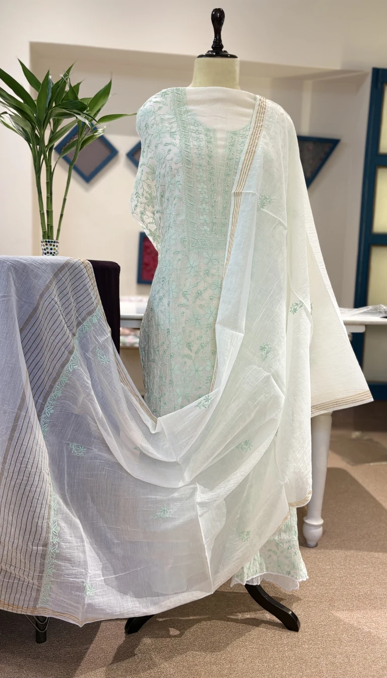 Mint Ivory Jaal Chikankari Mul Chanderi Set