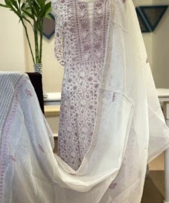 Mauve Ivory Jaal Chikankari Mul Chanderi Set