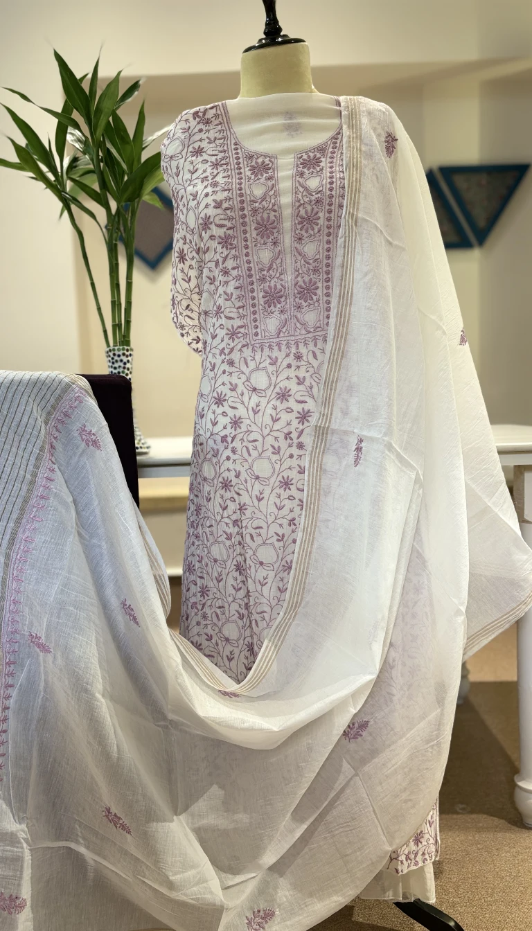 Mauve Ivory Jaal Chikankari Mul Chanderi Set