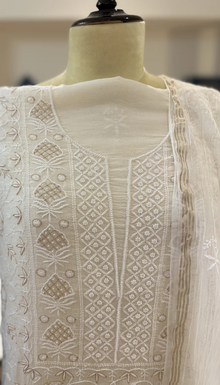 Alternative view of Ivory Rose Jaal Chikankari Mul Chanderi Set