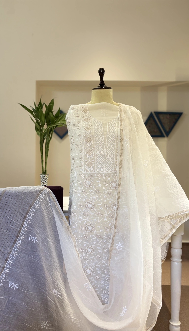 Ivory Rose Jaal Chikankari Mul Chanderi Set