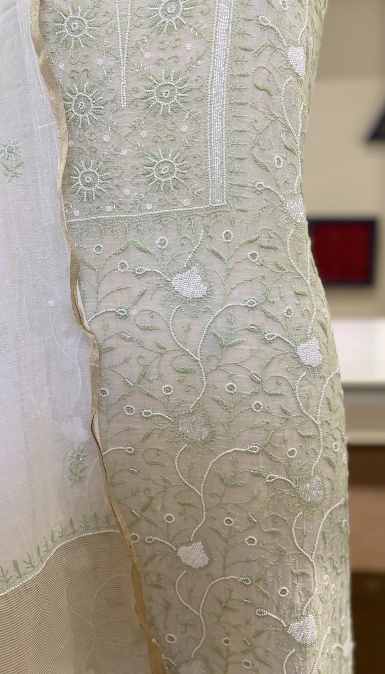 Alternative view of Mint Mul Chanderi Chikankari Suit