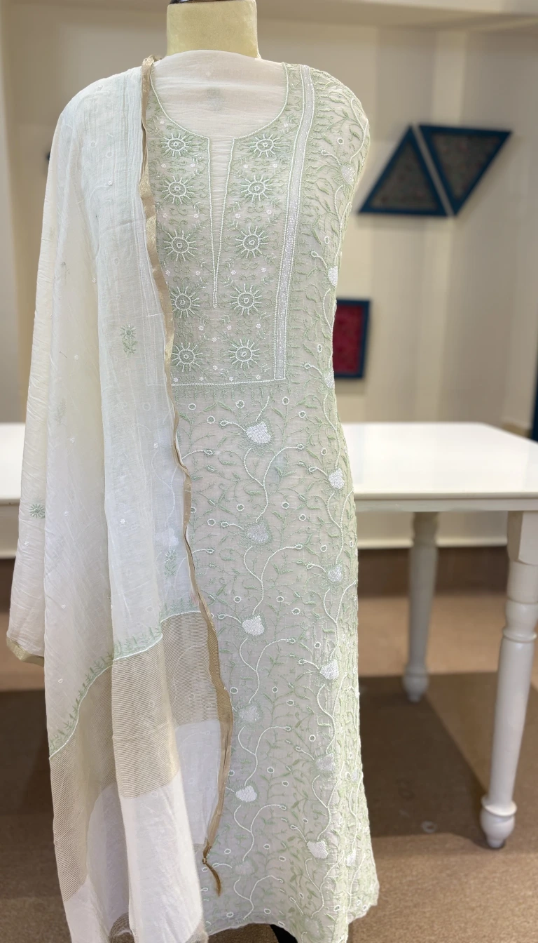 Mint Mul Chanderi Chikankari Suit