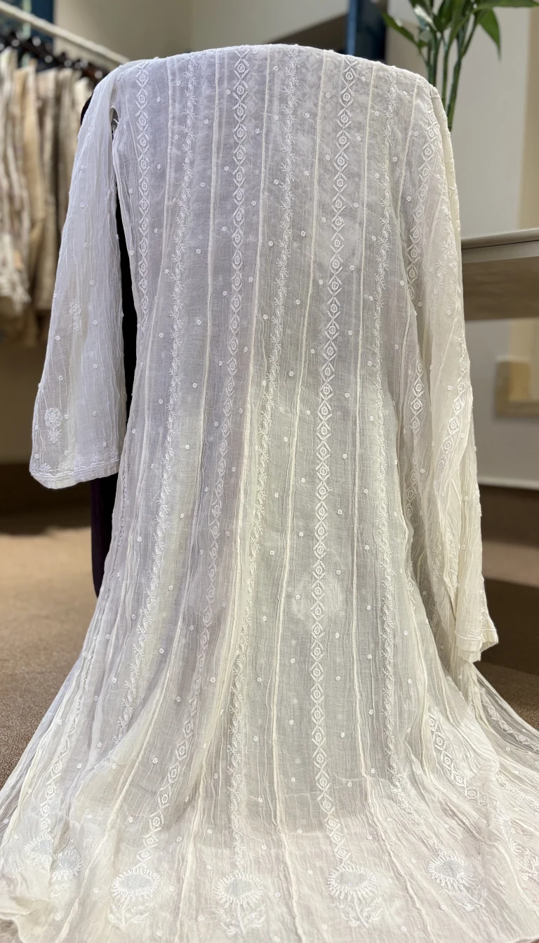 Alternative view of Ivory Chikankari Mul Chanderi Anarkali Set