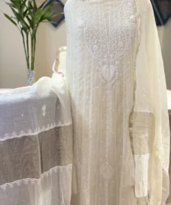 Ivory Chikankari Mul Chanderi Anarkali Set