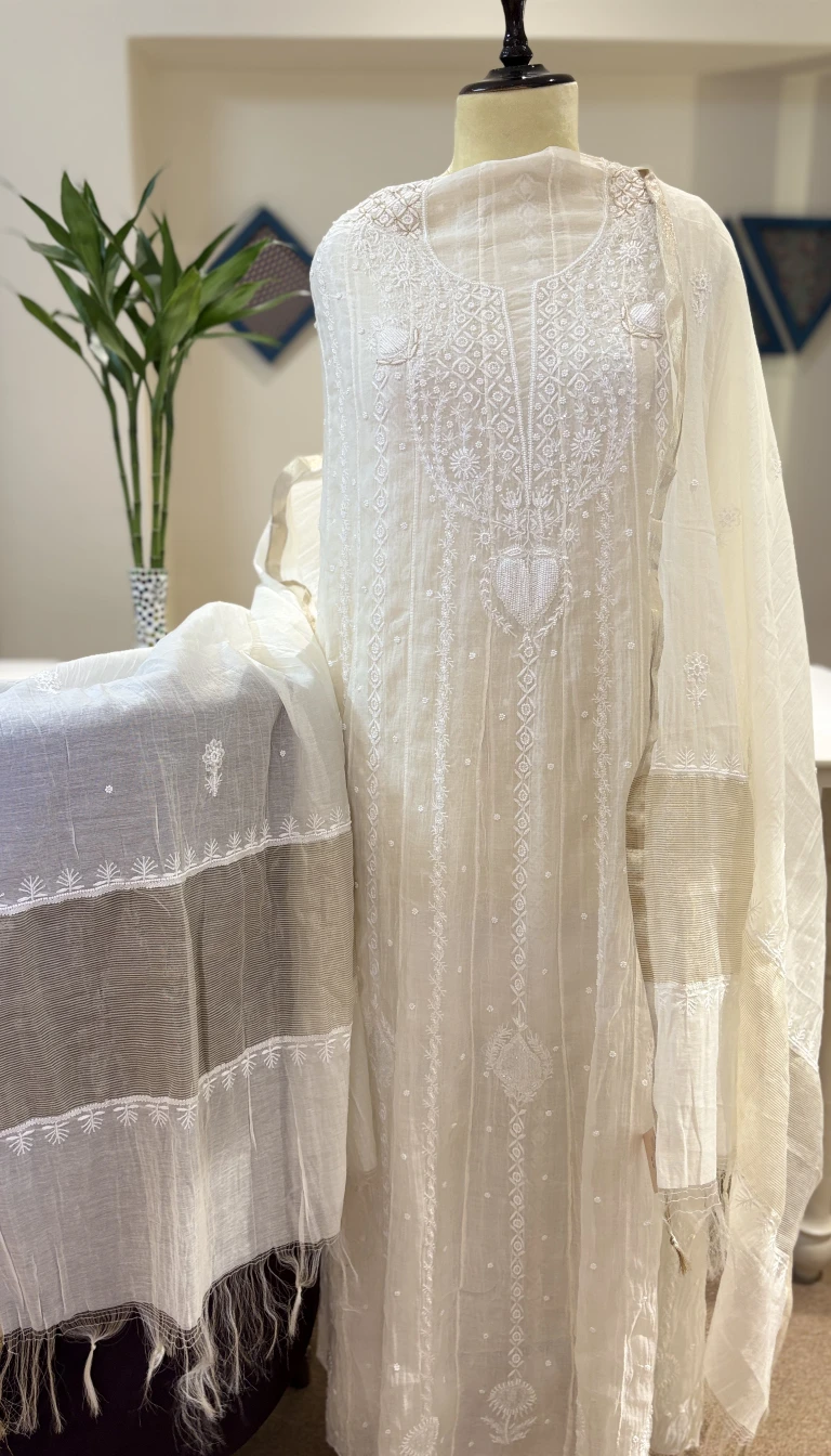 Ivory Chikankari Mul Chanderi Anarkali Set