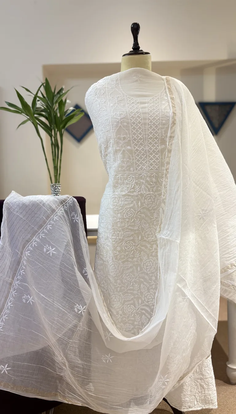 Ivory Jaali Bloom Chikankari Mul Chanderi Set